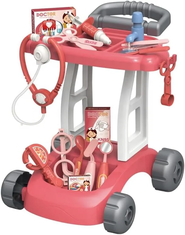 مجموعه اسباب بازی چرخ دستی پزشکی 14 تکه توی گاردن به همراه ابزار پزشکی برای بازی خیالی، گوشی پزشکی، سرنگ، دماسنج، کیت دکتر اسباب بازی برای استفاده در فضای داخلی، هدیه ای برای جلسات بازی خلاقانه