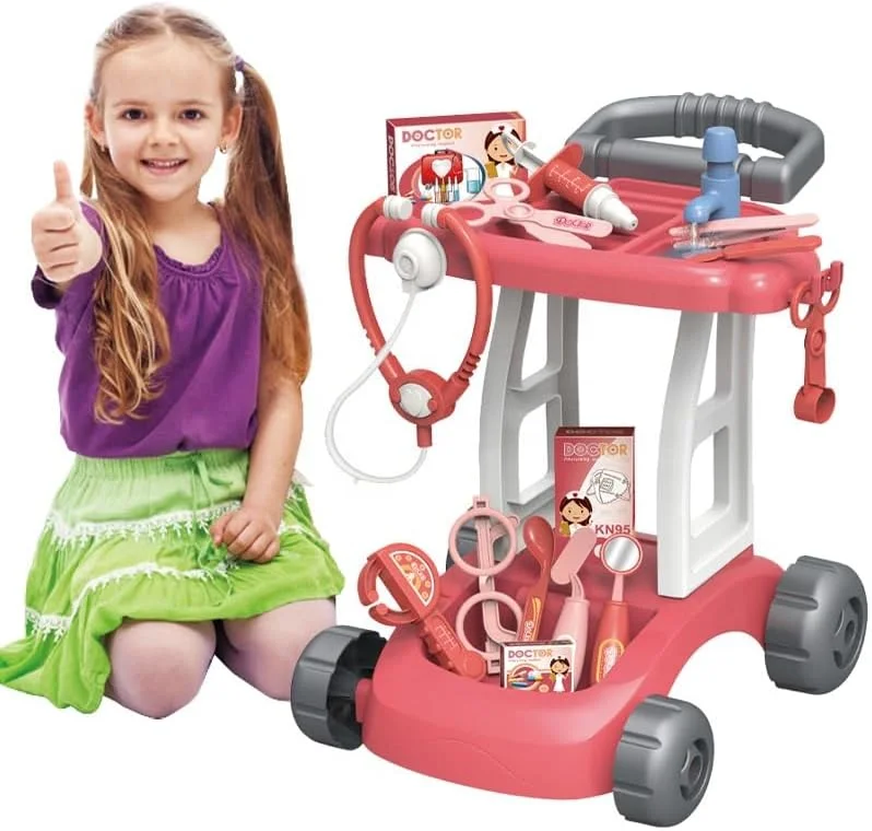 مجموعه اسباب بازی چرخ دستی پزشکی 14 تکه توی گاردن به همراه ابزار پزشکی برای بازی خیالی، گوشی پزشکی، سرنگ، دماسنج، کیت دکتر اسباب بازی برای استفاده در فضای داخلی، هدیه ای برای جلسات بازی خلاقانه