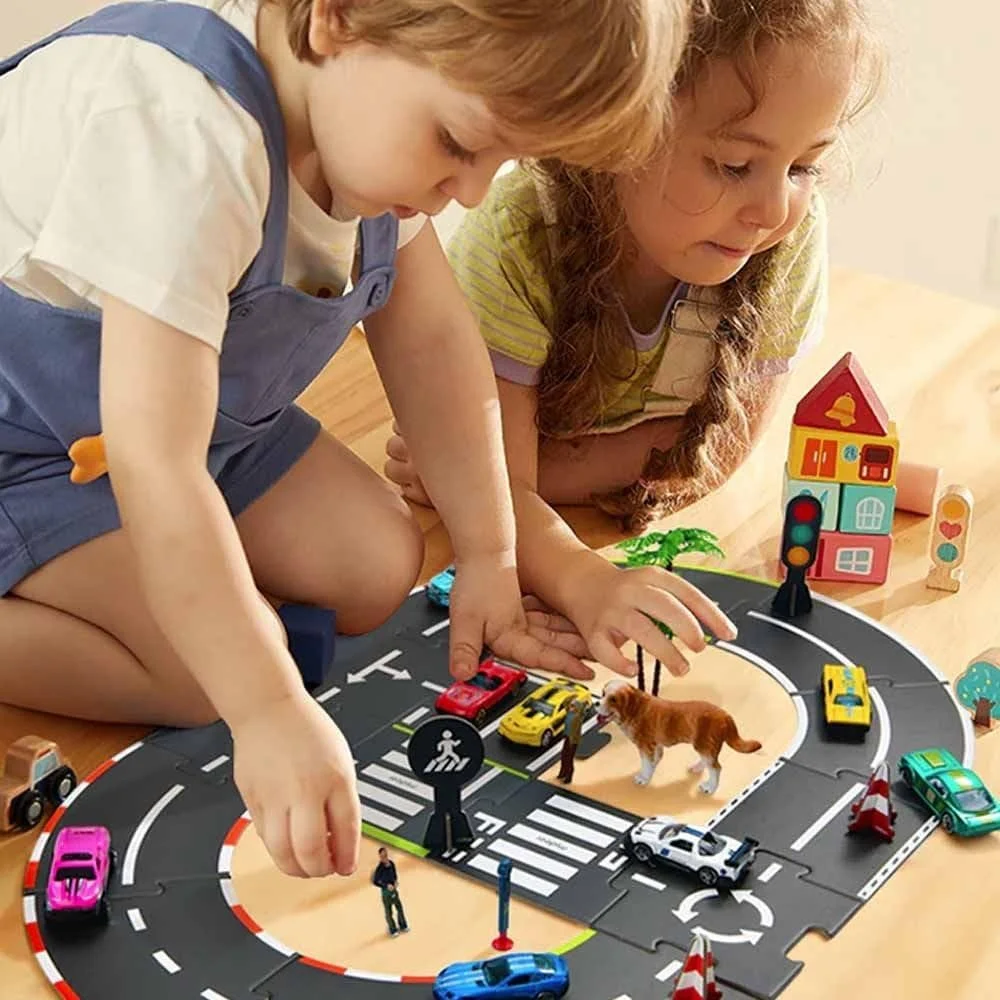 مجموعه جاده شهری میدیر، شهر خود را با 38 قطعه بسازید، بازی پازلی، ماشین بازی وانمودی، مجموعه مسابقه ترافیک، اسباب بازی های آموزشی برای کودکان، ایده هدیه برای پسران و دختران