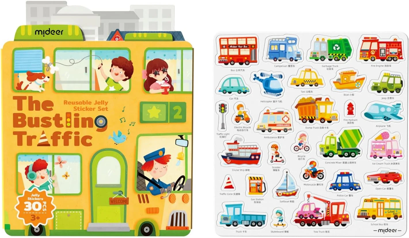 کتاب استیکر قابل استفاده مجدد Mideer برای کودکان 2-4 سال، استیکرهای پفی ضد آب برای کودکان نوپا 1-3 سال، فعالیت بازی حسی آموزشی (ترافیک شلوغ)