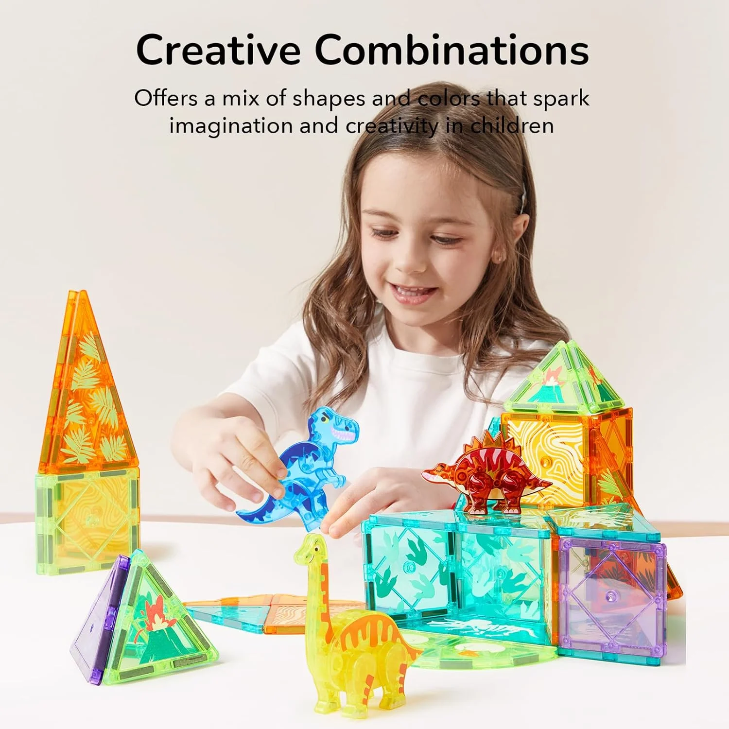 کاشی های مغناطیسی اسباب بازی دایناسور MiDeer، 48 تکه، بلوک های ساختمانی مغناطیسی برای کودکان نوپا 3-5 ساله، بلوک مغناطیسی ساخت و ساز کاشی پشته آموزشی اسباب بازی یادگیری STEM برای کودکان 3-5 4-8 ساله