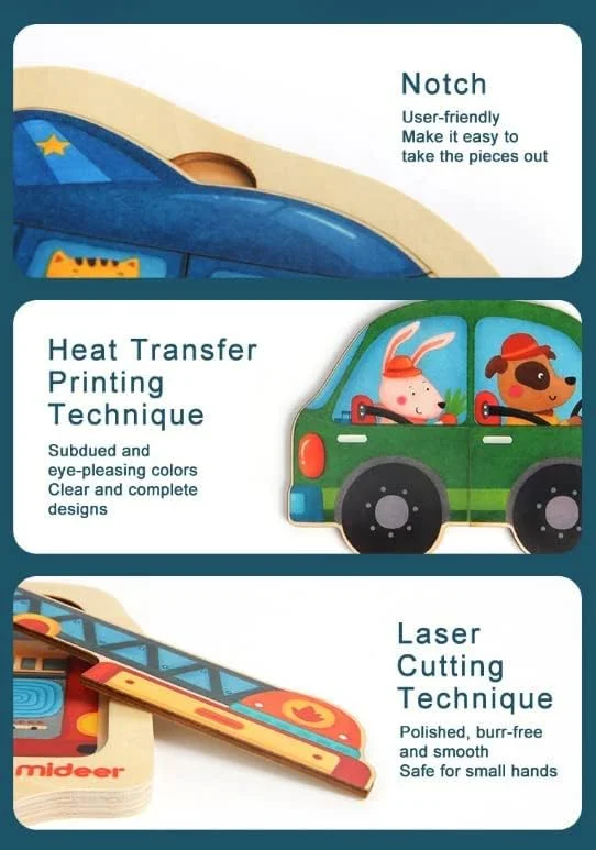 پازل چوبی کوچک کاوشگر Mideer سری حمل و نقل - پازل اره منبت کاری چوبی کوچک برای کودکان - مجموعه پازل چوبی مونته سوری - اسباب بازی آموزشی هیجان انگیز مهد کودک - 4 نوع سرگرم کننده رنگارنگ (ماشین)
