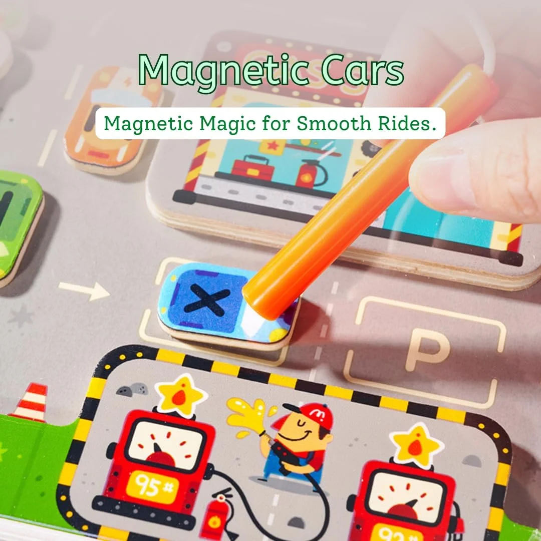 بازی ماز آهنربایی Mideer - بازی پارکینگ - 26 ماشین الفبا و فضاهای پارکینگ تطبیق - صفحه دو طرفه برای تشخیص حروف الفبا - هماهنگی چشم و دست، چوب لیندن بادوام