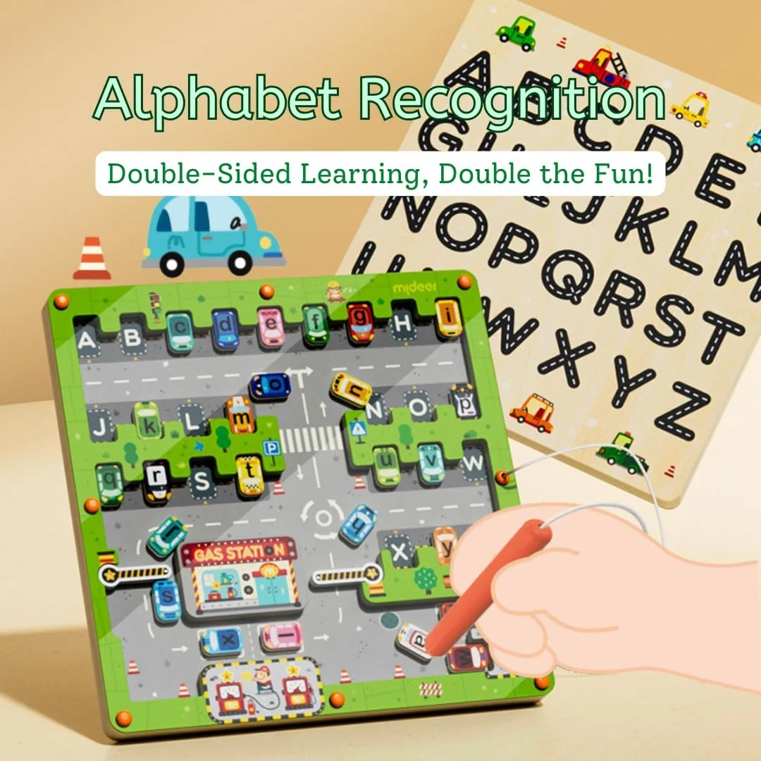 بازی ماز آهنربایی Mideer - بازی پارکینگ - 26 ماشین الفبا و فضاهای پارکینگ تطبیق - صفحه دو طرفه برای تشخیص حروف الفبا - هماهنگی چشم و دست، چوب لیندن بادوام