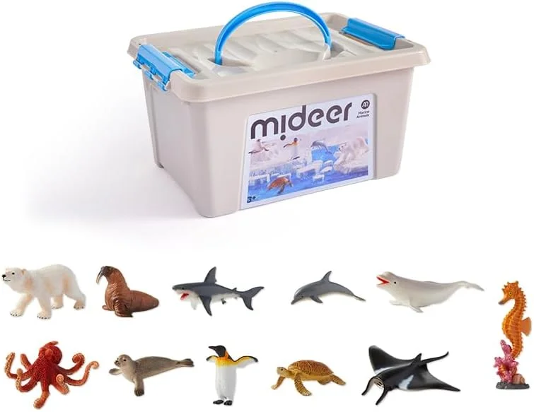 مجموعه اسباب بازی حیوانات دریایی میدیر - 11 فیگور واقعی با رنگ آمیزی دستی، طراحی یک تکه بادوام با گوشه های گرد، شامل دفترچه اطلاعات و جعبه نگهداری برای سازماندهی آسان، مناسب برای سنین 3 سال به بالا