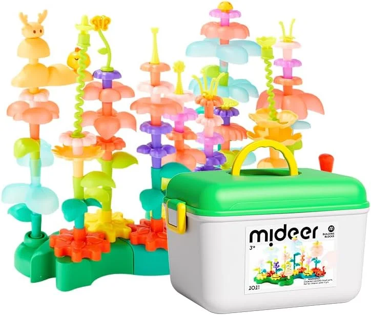 بلوک های ساختنی گل Mideer، بیش از 100 قطعه - 9 چرخ دنده در هم قفل شونده با گلبرگ های شفاف، جلوه باغ رویایی - ساخت آسان برای دستان کوچک، همراه با راهنما و سطل نگهداری