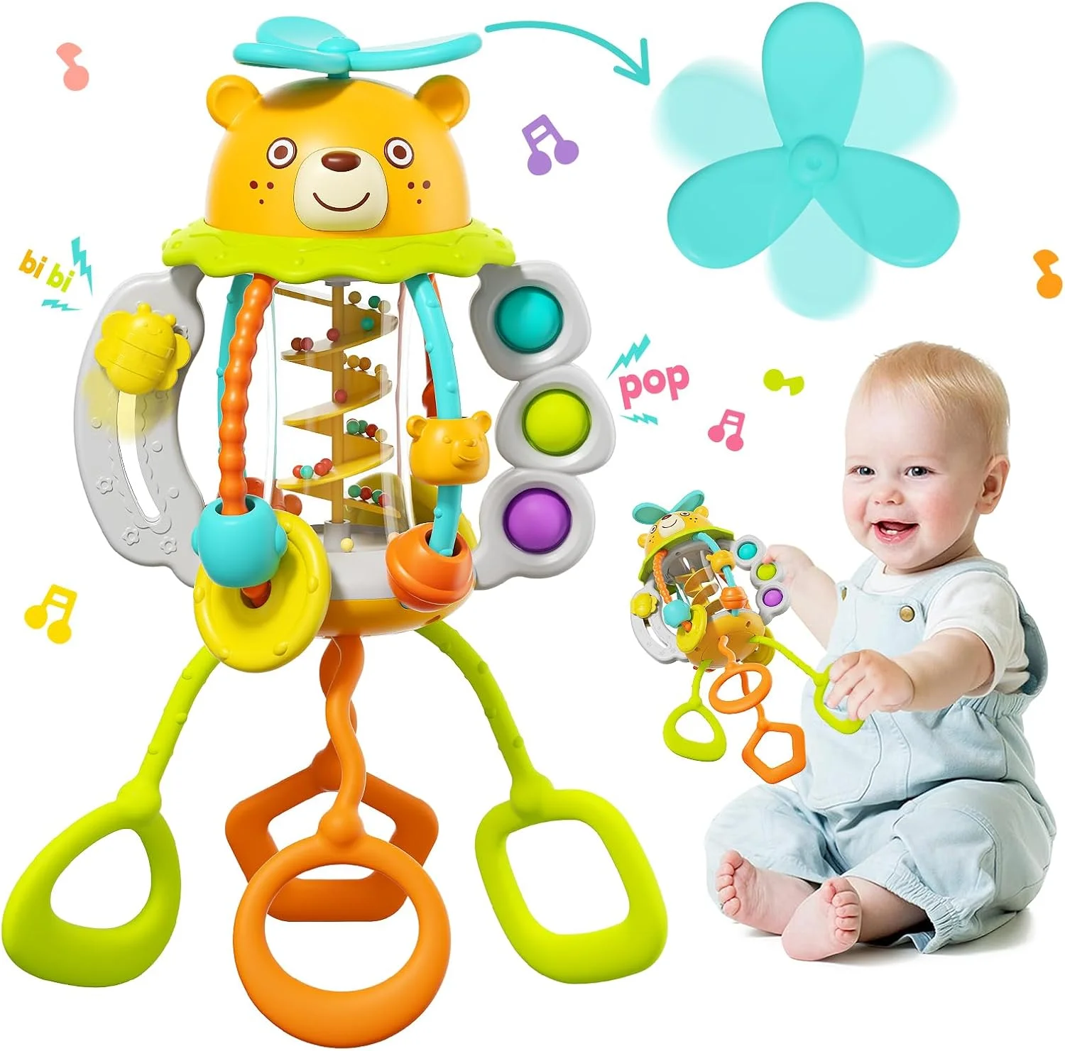 توپ بازی چندکاره «تکان بده و بکش» هولا - اسباب بازی تعاملی برای کودکان 6 ماهه و بالاتر، تقویت مهارت های حرکتی ظریف، هماهنگی چشم و دست، ادراک حسی با حباب ترکاندن، چرخاندن مهره، فعالیت های کشیدنی و تکان دادنی