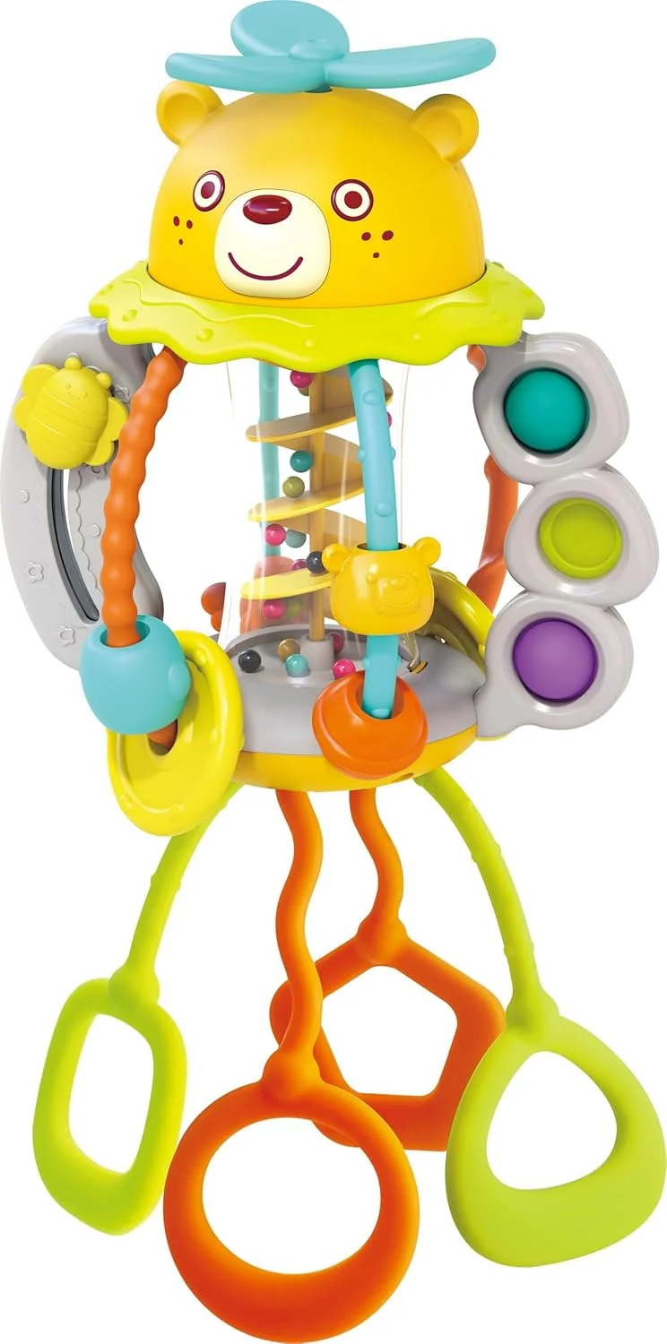 توپ بازی چندکاره تکان دادنی و کشیدنی Hola - اسباب بازی تعاملی برای کودکان 6 ماهه و بالاتر، تقویت کننده مهارت های حرکتی ظریف، هماهنگی چشم و دست، ادراک حسی با فعالیت های ترکاندن حباب، چرخاندن مهره، کشیدن و تکان دادن