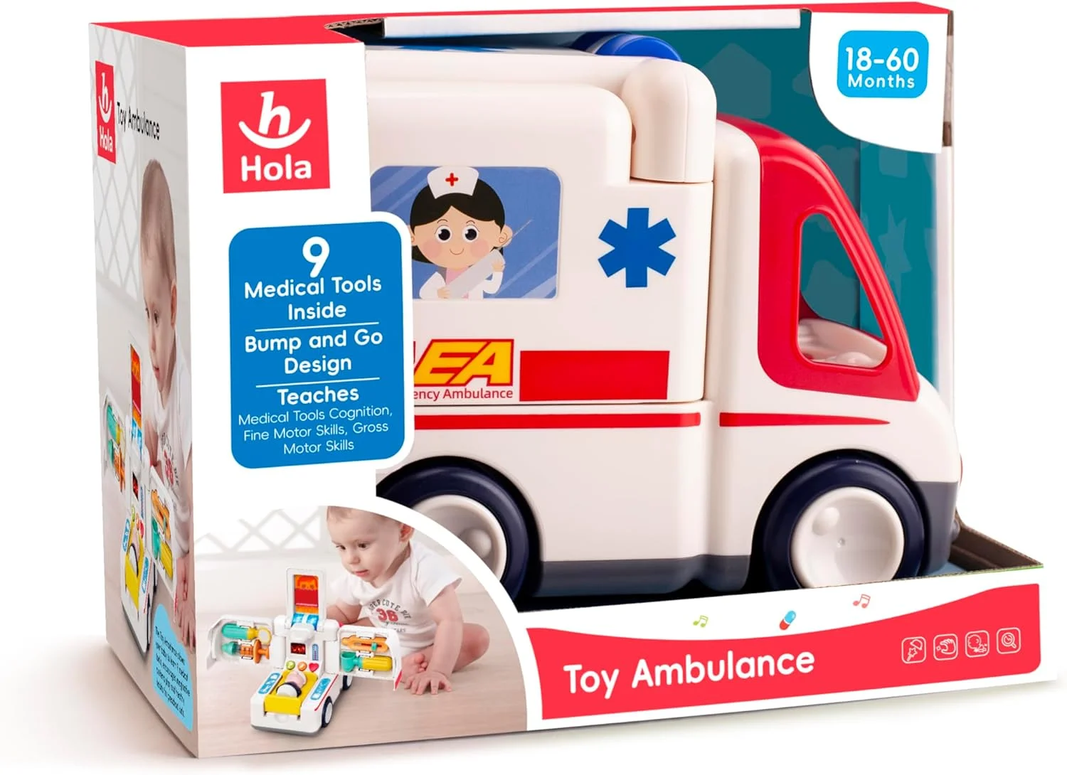 آمبولانس اسباب بازی هولا با چراغ ها و صداها، قابلیت حرکت خودکار، 9 ابزار پزشکی، راننده و بیمار قابل جابجایی، بازی آموزشی برای کودکان 3 سال به بالا، تقویت مهارت های حرکتی ظریف و تخیل