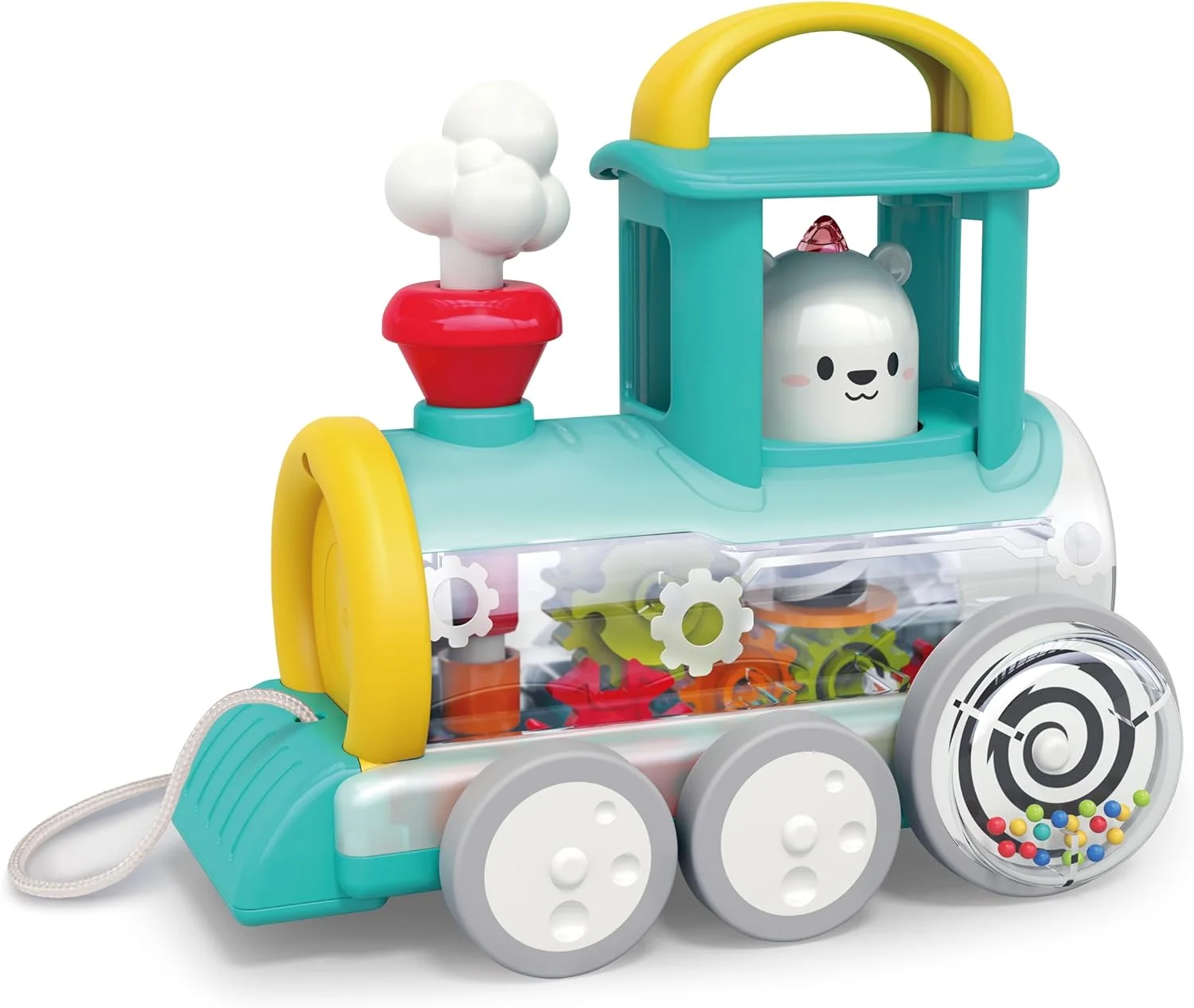 موتور قطار اسباب بازی هلای کشیدنی مناسب کودکان 6 ماهه به بالا، اسباب بازی تعاملی با خرس چرخان، چرخ دنده های متحرک و دود متحرک، تشویق کننده خزیدن، هماهنگی چشم و دست، مهارت های حسی و حرکتی، اسباب بازی های آموزشی - زرد