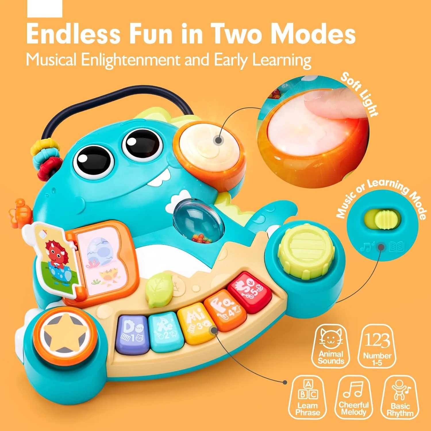 اسباب بازی موزیکال کودک هولا، پیانو و صفحه کلید آموزشی طرح دایناسور، هدیه مناسب برای نوزادان 6 تا 18 ماه