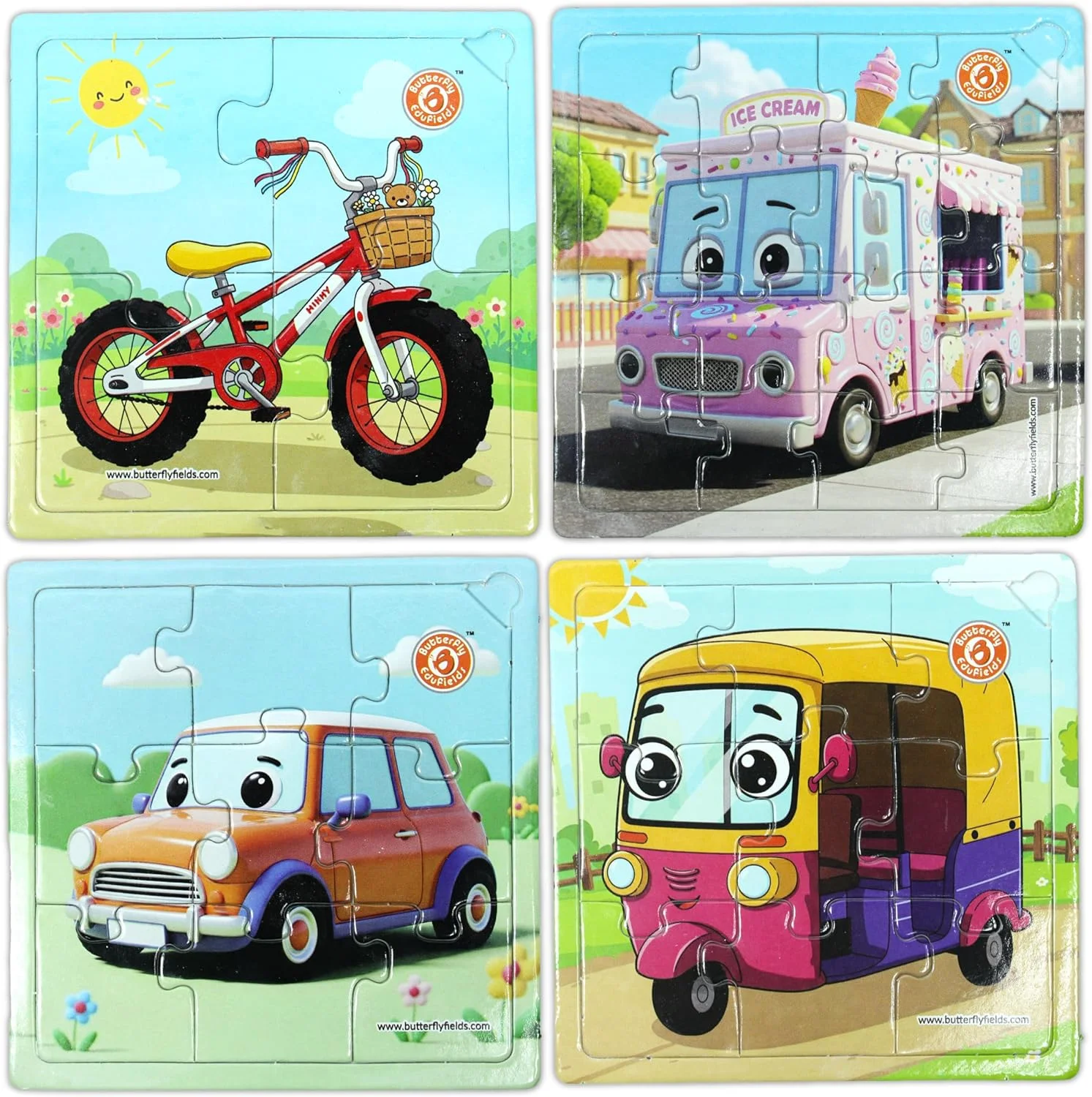 پازل اره ای 4 در 1 وسایل نقلیه Butterfly EduFields برای کودکان 3-7 سال | 38 قطعه اسباب بازی پازل تقویت کننده مغز با کاربرگ های رنگ آمیزی برای پسران و دختران | آموزش پیش دبستانی