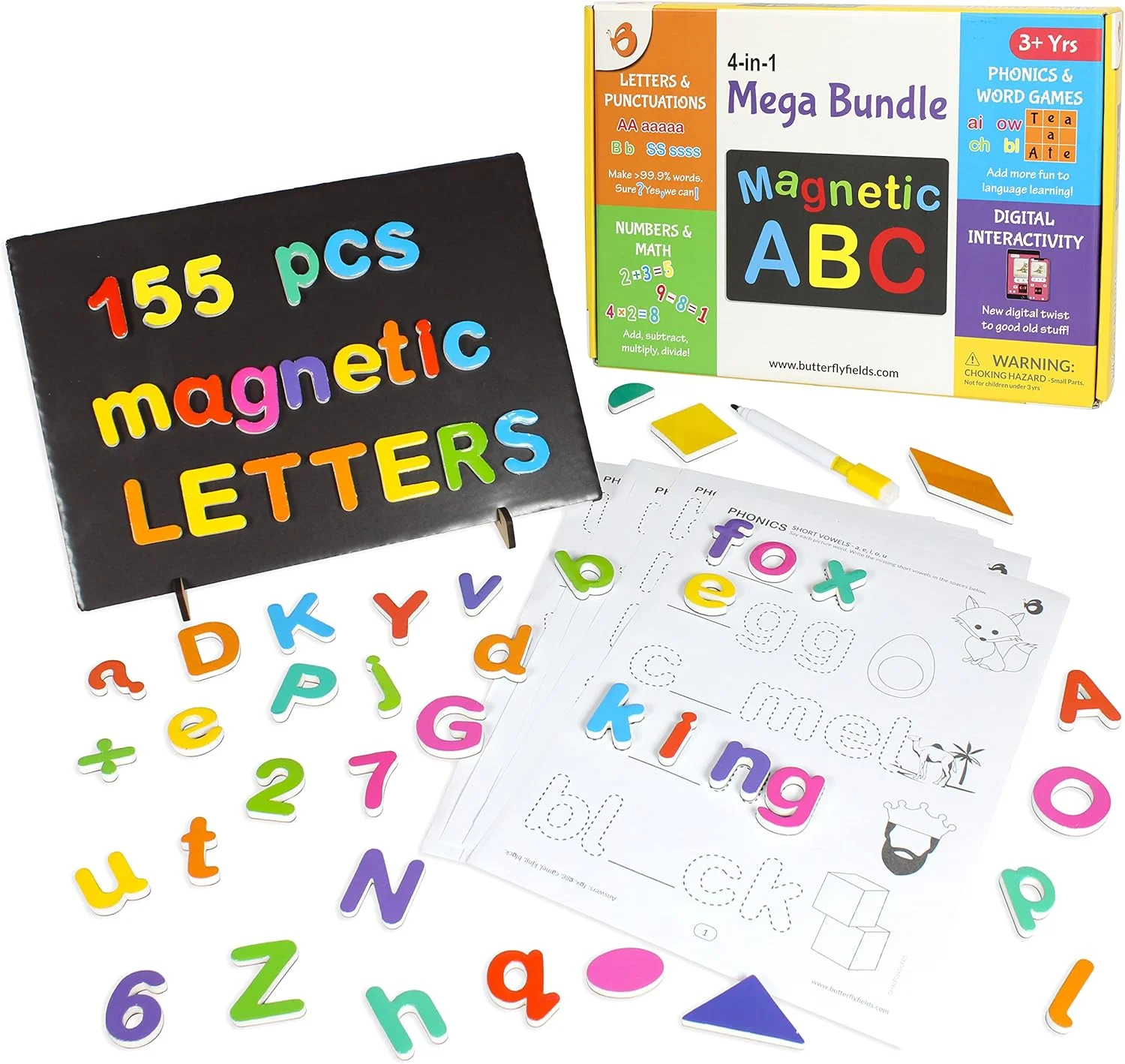 پازل آموزشی حروف الفبا، اعداد و اشکال مغناطیسی Butterfly EduFields، بیش از 150 قطعه، مناسب کودکان 3، 4 و 5 سال، دارای صفحه مغناطیسی و راهنمای املا، حروف ABCD و کلمات به همراه 50 تصویر | اسباب بازی های آموزشی