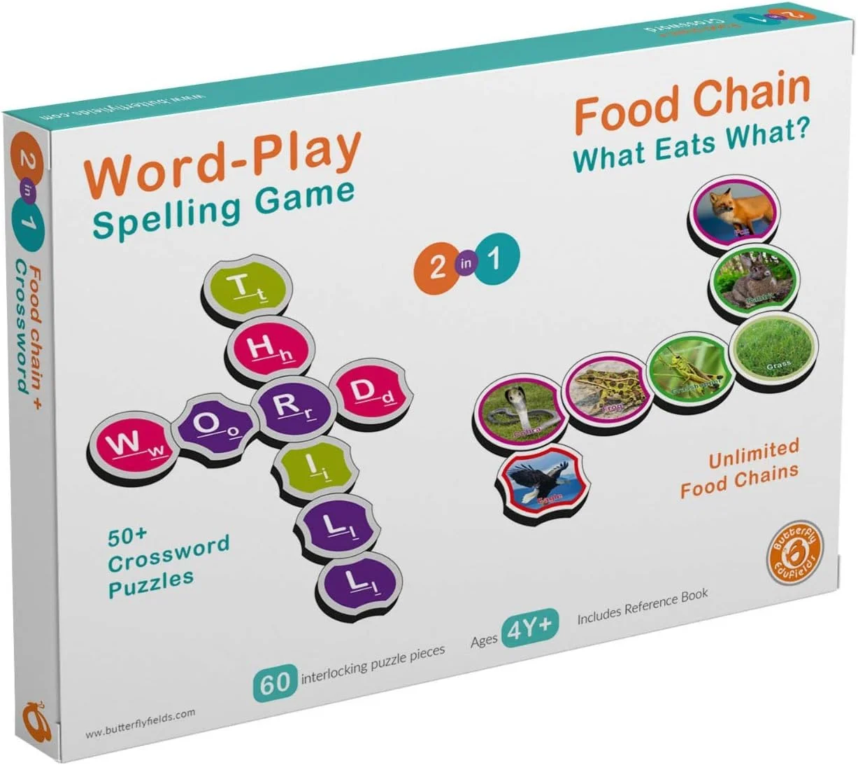 اسباب بازی آموزش املای کلمات باترفلای EduFields مناسب کودکان 3 سال به بالا | حیوانات با 60 تصویر و 60 حرف | بیش از 50 جدول کلمات متقاطع به همراه کتاب راهنما و بازی های ساخت کلمه و پازل های املایی