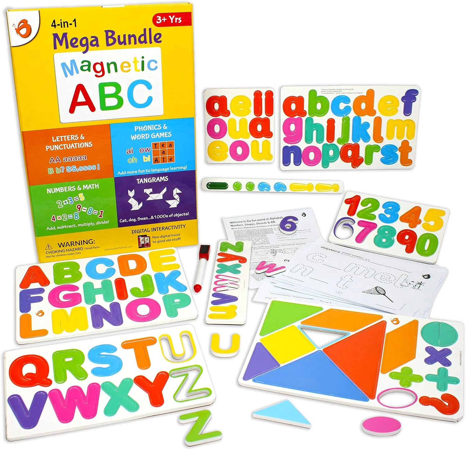 جعبه هدیه Butterfly EduFields برای کودکان 3، 4 و 5 ساله، تخته نوشتن مغناطیسی با بیش از 90 قطعه حروف الفبا، اعداد و اشکال مغناطیسی، اسباب بازی های آموزشی برای کودکان