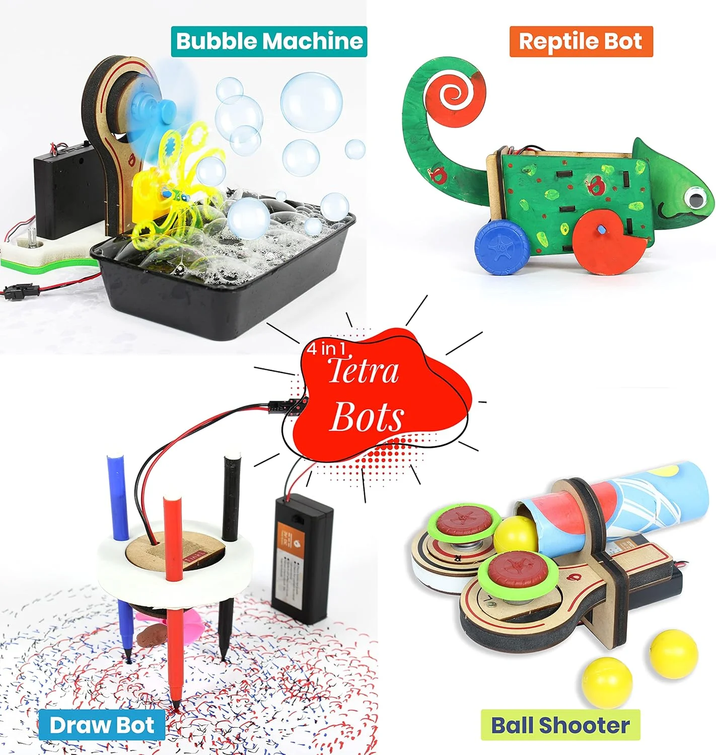 اسباب بازی رباتیک 4 در 1 ButterflyEdufields برای کودکان - دستگاه حباب ساز، پرتاب کننده توپ، ربات نقاشی و ربات خزنده - اسباب بازی های سرگرم کننده STEM DIY، کیت علمی رباتیک برای کودکان 6، 8، 10 ساله پسران و دختران...