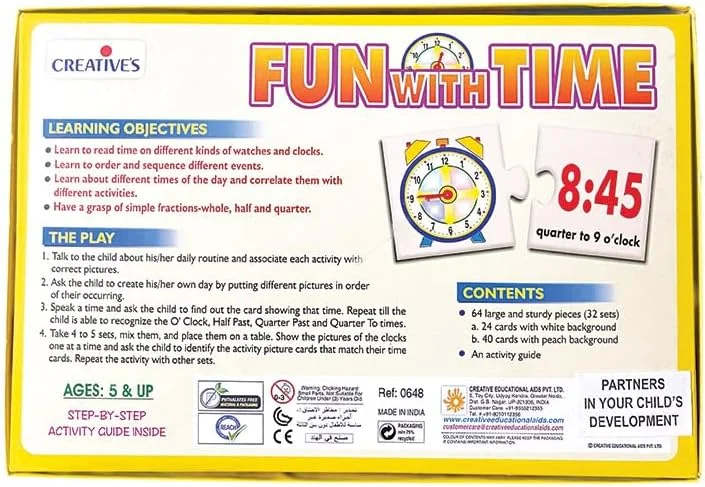 بازی آموزشی خلاقانه «سرگرمی با زمان» | آموزش خواندن و گفتن زمان | بازی پازل ساعت با 64 کارت | تطبیق آنالوگ و دیجیتال | مناسب برای مونته سوری و آموزش در منزل | اسباب بازی آموزشی برای کودکان 5 سال به بالا