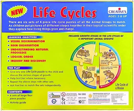 بازی پازل چرخه‌های زندگی Creative’s برای کودکان - آموزش مراحل رشد حیوانات، 6 پازل خود اصلاح‌گر، هدیه آموزشی سرگرم‌کننده برای پسران و دختران، ایده‌آل برای کلاس‌های درس، آموزش خانگی STEM - سنین 5 سال به بالا