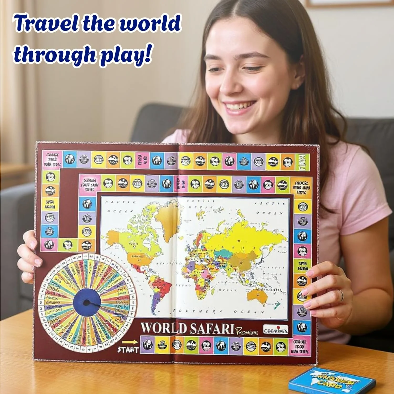 بازی رومیزی جغرافیای جهانگردی ممتاز Creative’s World | آموزش کشورها، پرچم‌ها، فرهنگ‌ها و نقشه جهان | اسباب بازی آموزشی سرگرم کننده برای کودکان و خانواده‌ها | 5 بازی کارتی + چرخانک | هدیه آموزشی برای سنین 9 سال به بالا