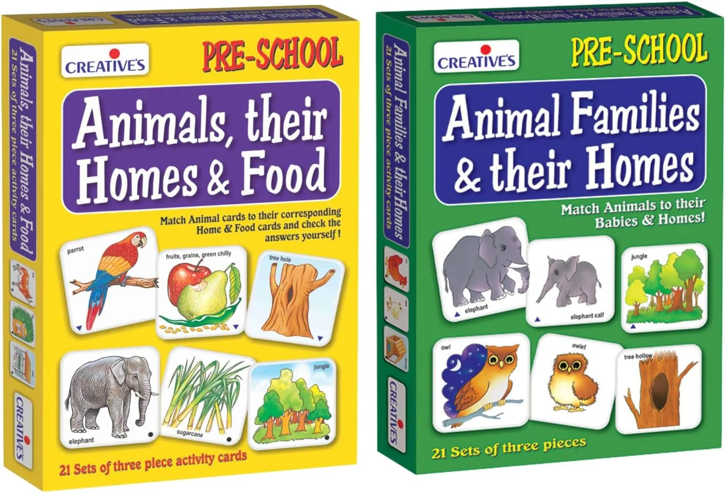 حیوانات خلاق، خانه ها و غذای آنها و خانواده های حیوانی و خانه هایشان | بازی فعالیت آموزشی پیش دبستانی | 21 مجموعه کارت های تطبیقی 3 تکه ای | اسباب بازی آموزشی برای کودکان 3 سال به بالا