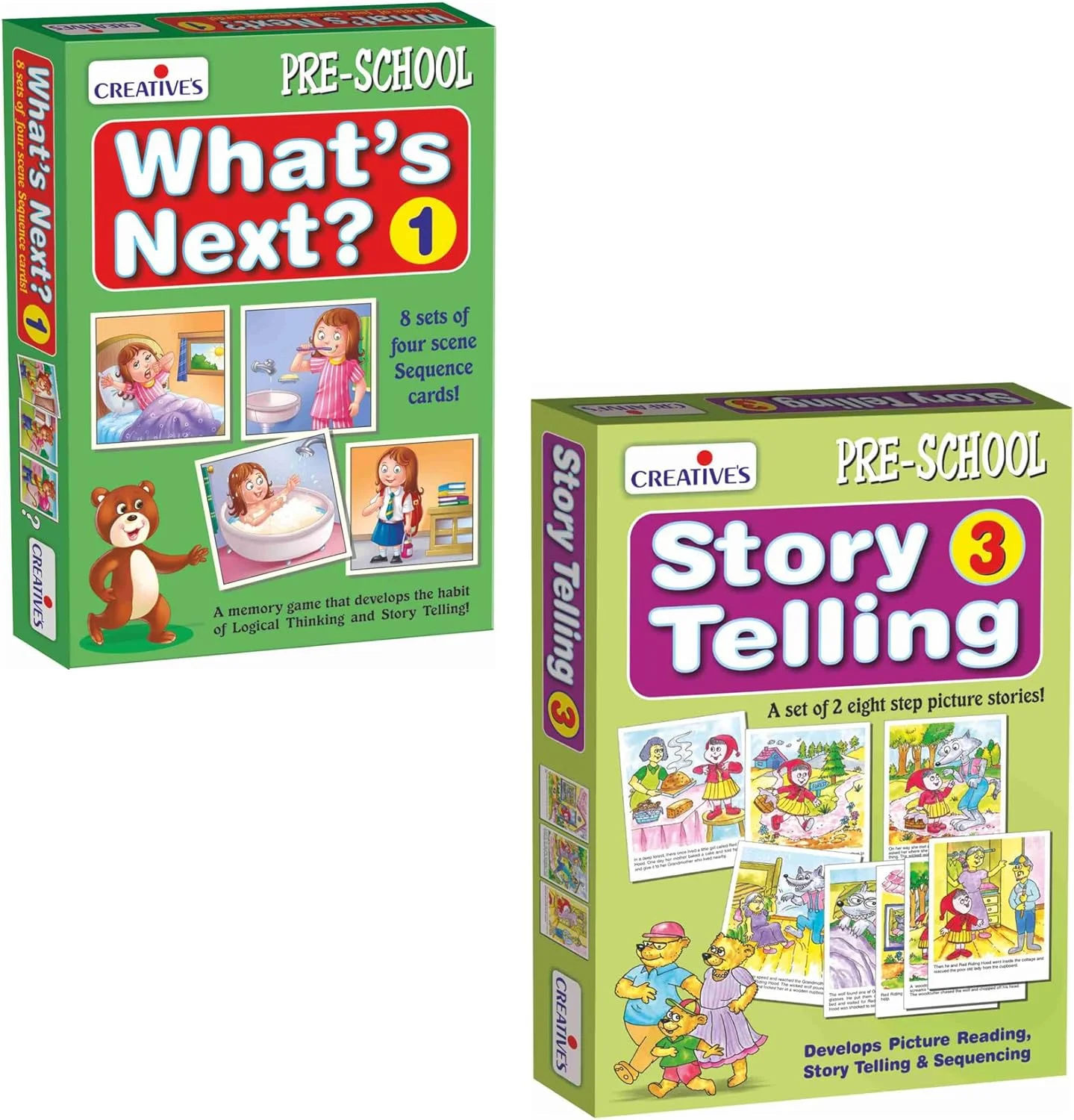 مجموعه ترکیبی «بعدی چیه؟ 1» + «قصه گویی 3» کریتیو | اسباب بازی های آموزشی پیش دبستانی برای کودکان | تقویت توالی، قصه گویی، تفکر منطقی و تصویرخوانی | آموزش در خانه | 3 سال به بالا