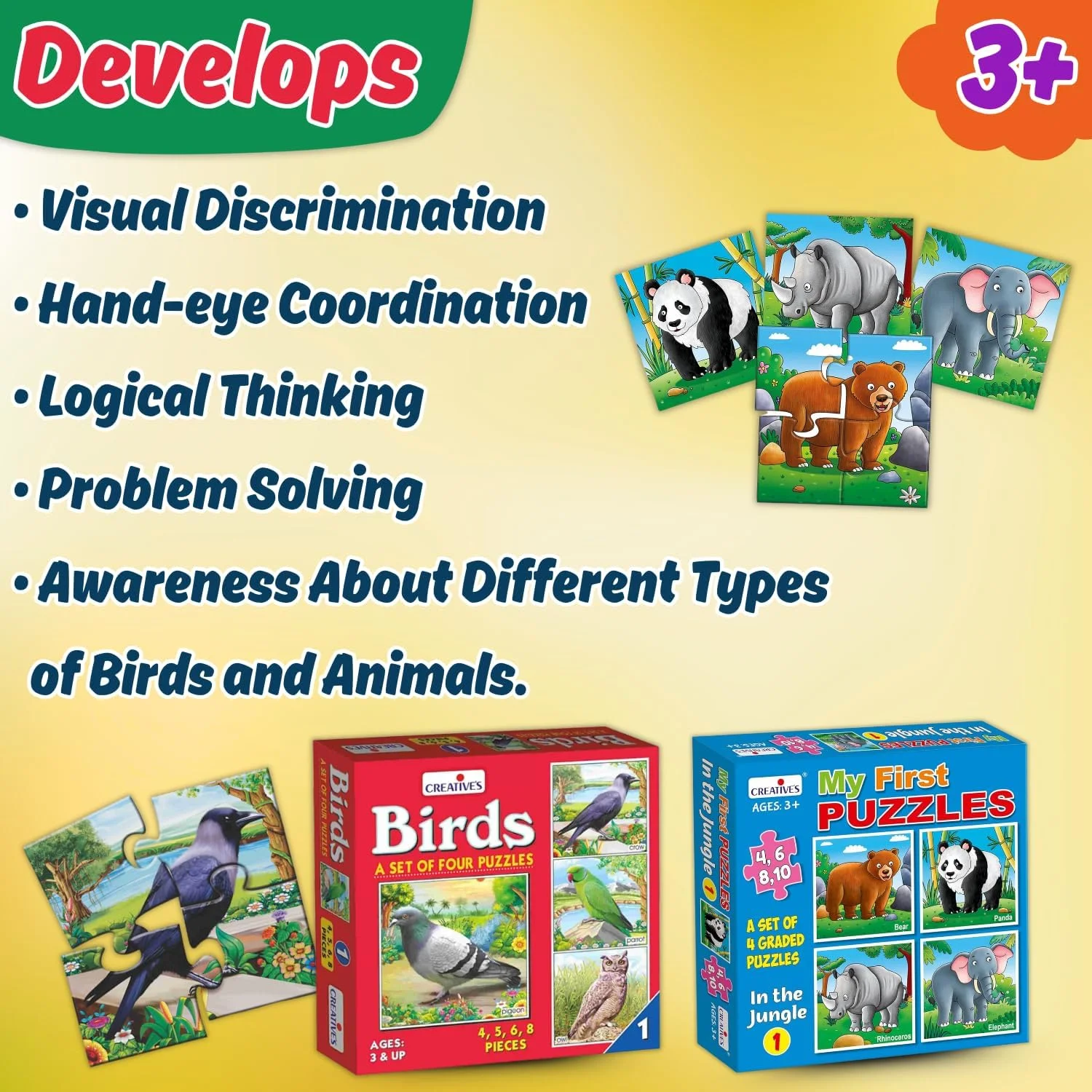 مجموعه پازل های آموزشی حیوانات جنگل و پرندگان برای کودکان - 8 پازل حیوانات و پرندگان درجه بندی شده - فعالیت یادگیری سرگرم کننده با فیل ها، خرس ها، پانداها، طوطی ها و موارد دیگر - اسباب بازی های آموزشی برای سنین 3 سال به بالا