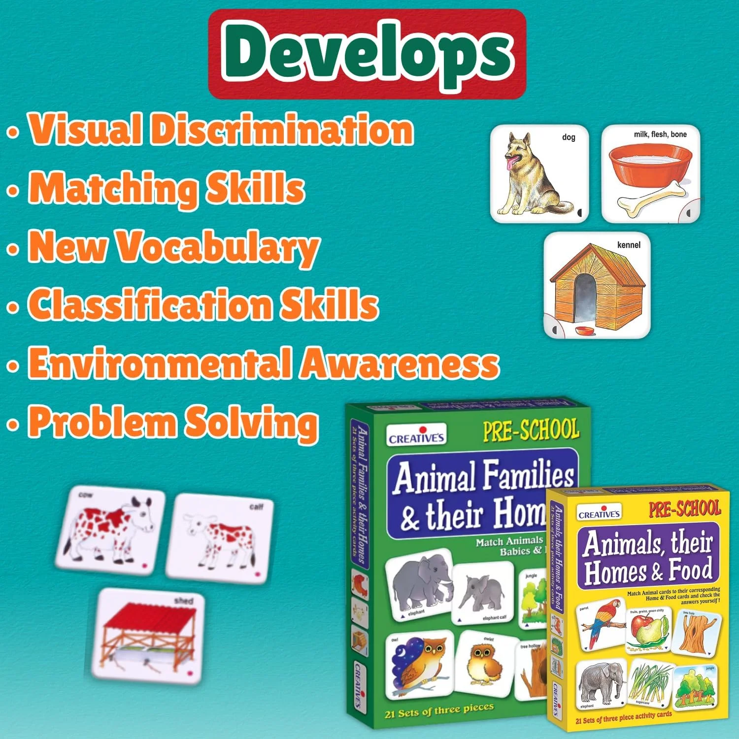 حیوانات خلاق، خانه ها و غذای آنها و خانواده های حیوانی و خانه هایشان | بازی فعالیت آموزشی پیش دبستانی | 21 مجموعه کارت های تطبیقی 3 تکه ای | اسباب بازی آموزشی برای کودکان 3 سال به بالا