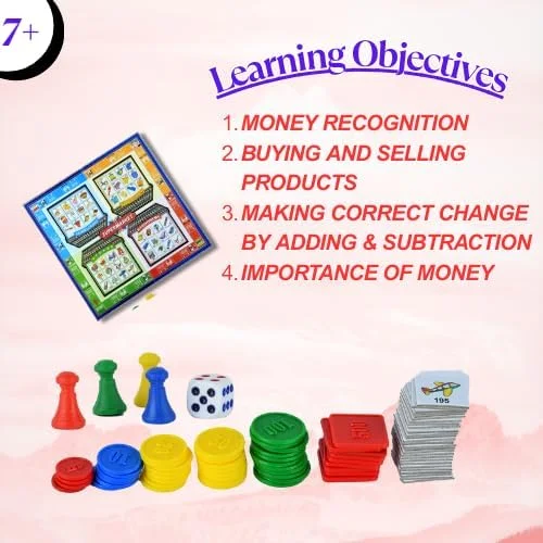 بازی سوپرمارکت خلاقانه برای کودکان - آموزش پول، خرید، جمع و تفریق - شامل سکه، اسکناس، کارت های خرید و صفحه بازی، اسباب بازی آموزشی - بهترین هدیه برای تولد، سنین 7 سال به بالا