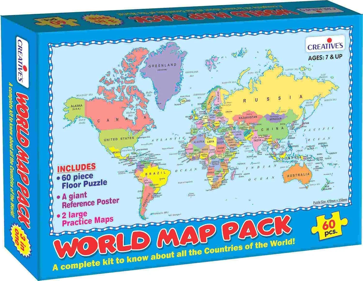 پازل نقشه جهان Creative’s – پازل زمینی 60 تکه برای کودکان - اسباب بازی های آموزشی با نقشه های تمرینی و پوستر - بازی پازل جغرافیا مونته سوری و STEM - اسباب بازی آموزشی برای کودکان 7+ سال دختر و پسر