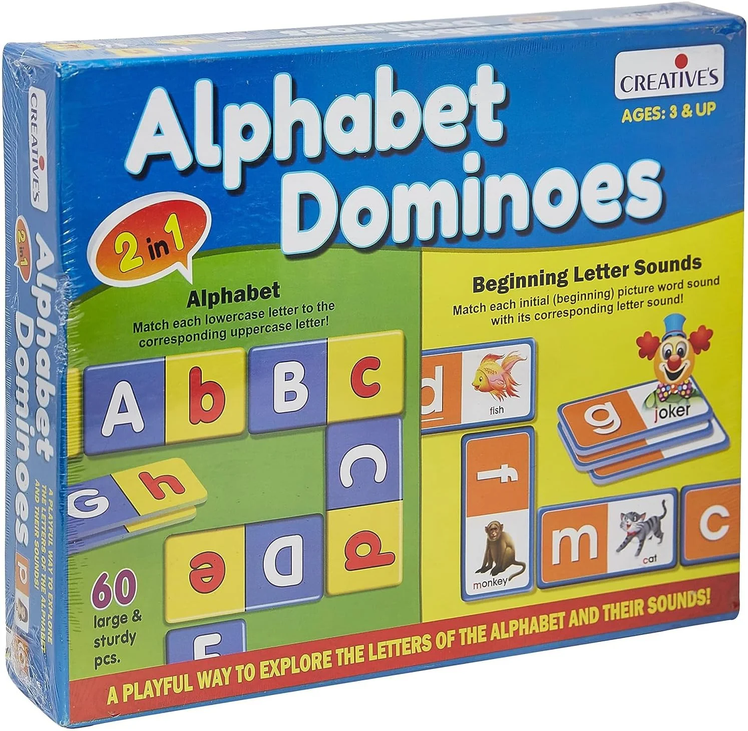 دومینوهای الفبای خلاقانه | بازی کارت های آموزشی الفبا 2 در 1 | صداهای آغازین حروف | بازی کارت های آموزشی برای کودکان | 3 سال به بالا