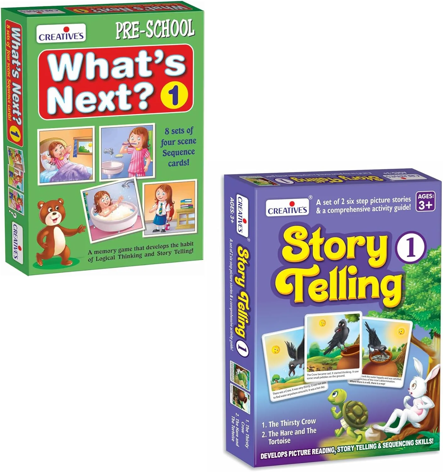 مجموعه بازی آموزشی «بعدش چی میشه؟ ۱» و «قصه گویی ۱» | بازی های آموزشی پیش دبستانی برای کودکان | تقویت مهارت های ترتیب دهی، تفکر منطقی، خواندن تصویر و قصه گویی | اسباب بازی های آموزشی برای سنین ۳ سال به بالا