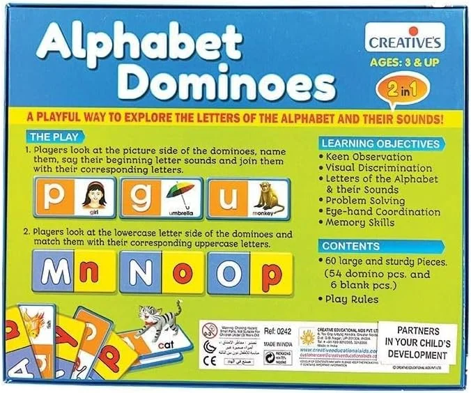 دومینوهای الفبای خلاقانه | بازی کارت های آموزشی الفبا 2 در 1 | صداهای آغازین حروف | بازی کارت های آموزشی برای کودکان | 3 سال به بالا