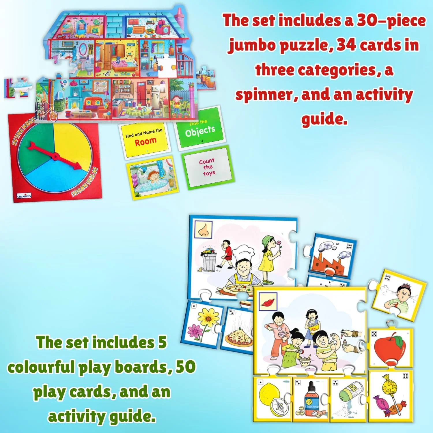 مجموعه ترکیبی خلاقانه «در خانه» و «حواس پنجگانه ما» - 7 بازی ارتباطی برای کودکان - آموزش اشیاء روزمره، اتاق های خانه و حواس پنجگانه با تطبیق سرگرم کننده - اسباب بازی های آموزشی برای سنین 4 سال به بالا