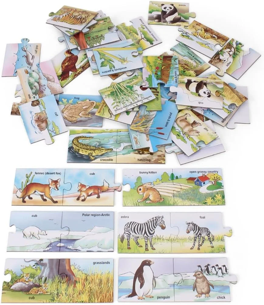 حیوانات، نوزادان و زیستگاه های خلاقانه | درباره حیوانات و زیستگاه های آنها بیاموزید | بهبود هماهنگی چشم و دست | پازل های آموزشی و یادگیری | 18 مجموعه پازل سه تکه ای برای کودکان | 4 سال به بالا