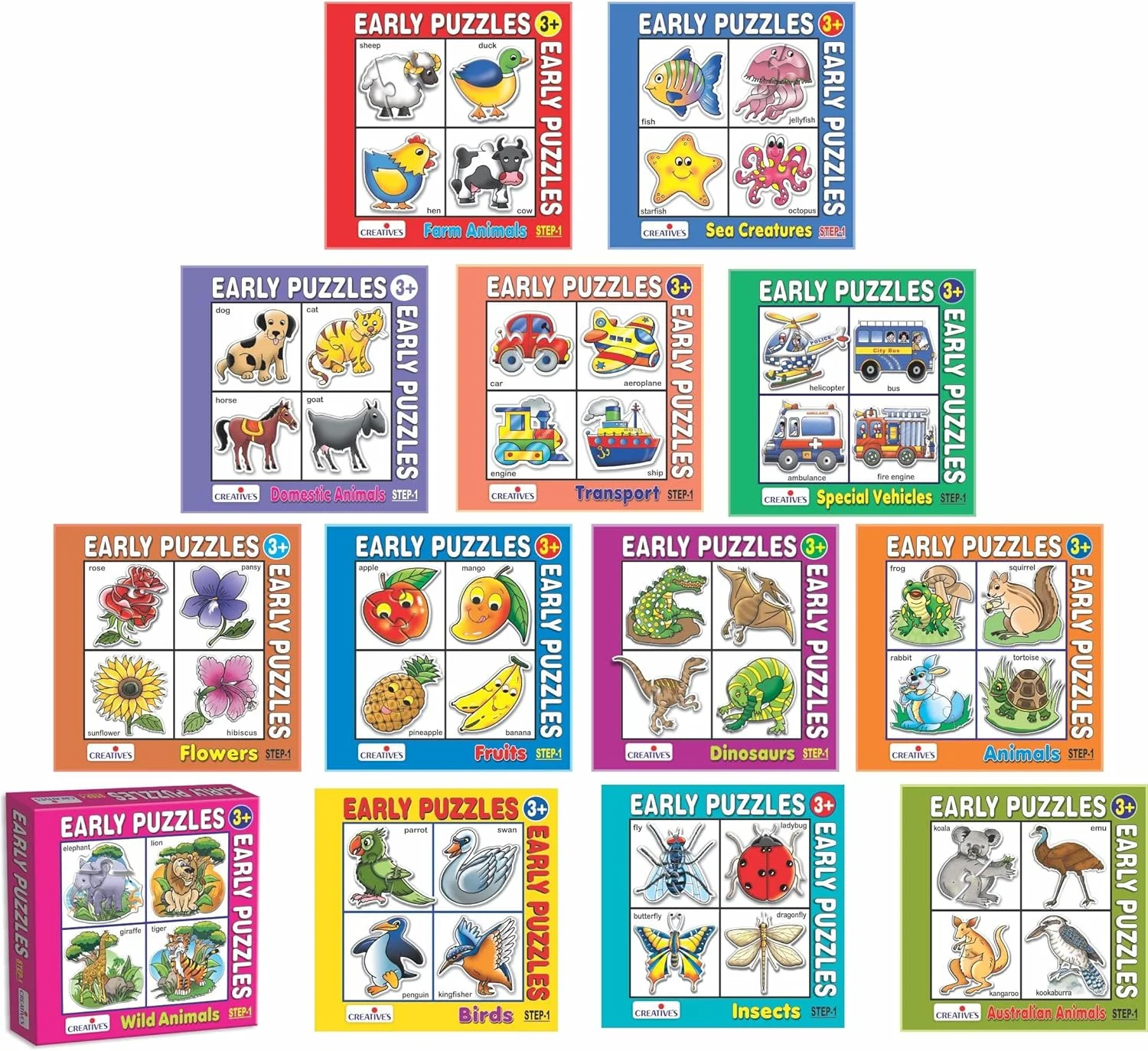 مجموعه پازل های اولیه ۱۳ عددی Creative – شامل حیوانات، میوه ها، گل ها، وسایل نقلیه و موارد دیگر – بازی های تطبیقی سرگرم کننده - پازل های آموزشی برای کودکان ۳ سال به بالا