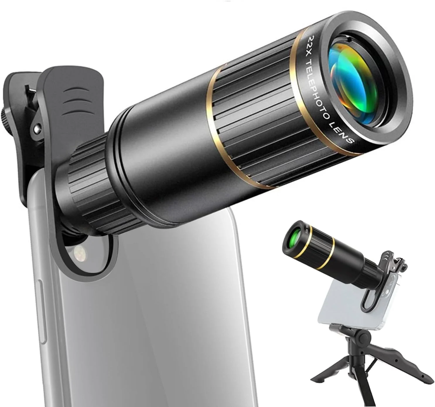 کیت لنز تله فوتو 22X – لنز دوربین گوشی با نگهدارنده، گیره، درپوش چشمی، پارچه تمیز کننده و سه پایه کوچک برای پیاده روی، کمپینگ و تماشای حیات وحش، مشکی