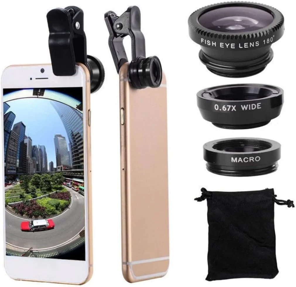 لنز چشم ماهی تلفن 3 در 1، لنزهای ماکرو واید انگل، لنز کلیپسی یونیورسال، اتصالات لنز مشکی