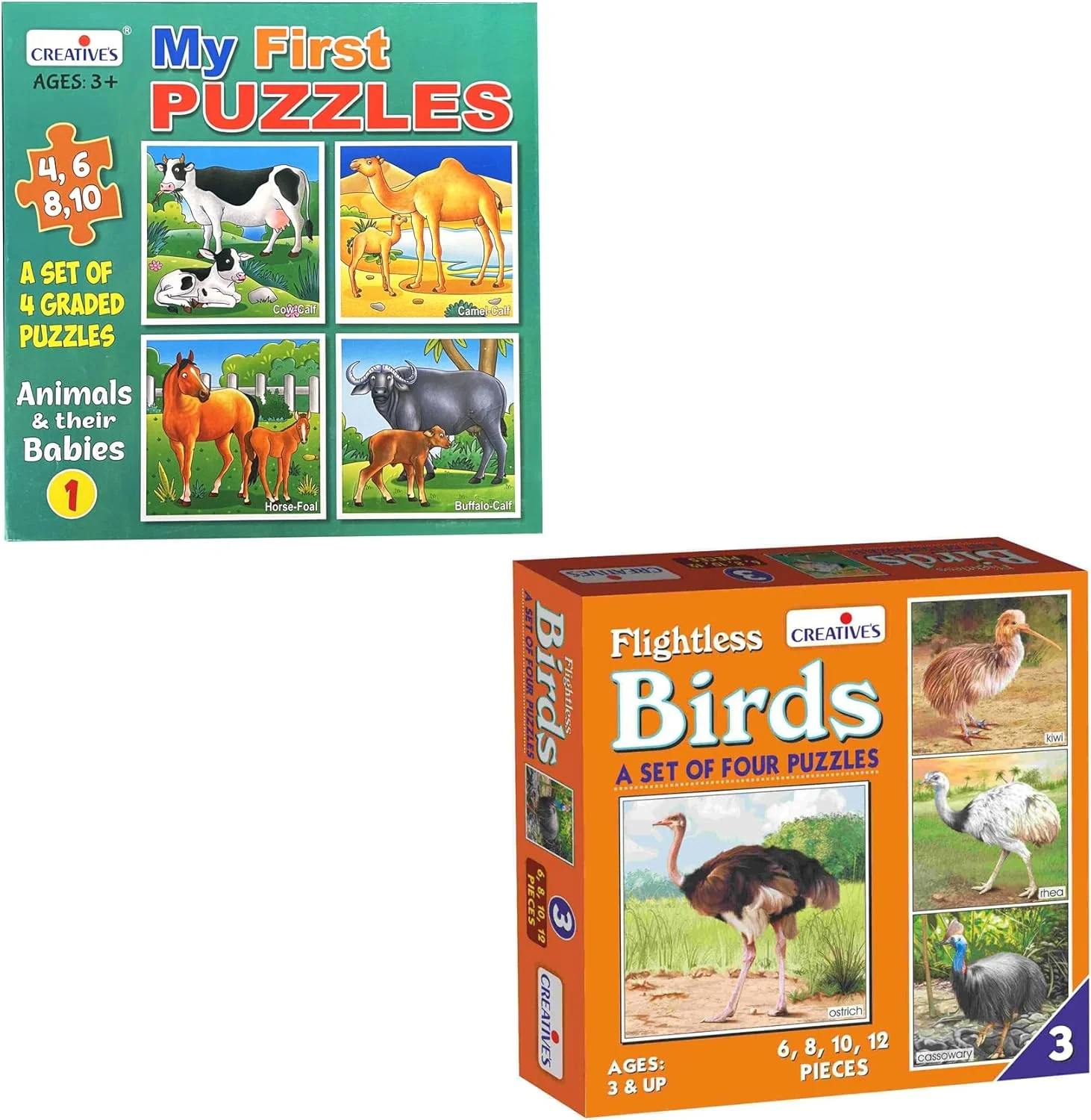 پازل های آموزشی حیوانات و بچه هایشان به همراه پرندگان بدون پرواز – پازل های اره ای برای کودکان - آموزش گاو، شتر، اسب، گاومیش و جوجه به همراه شترمرغ، کیوی و غیره - اسباب بازی های آموزشی برای سنین 3 سال به بالا