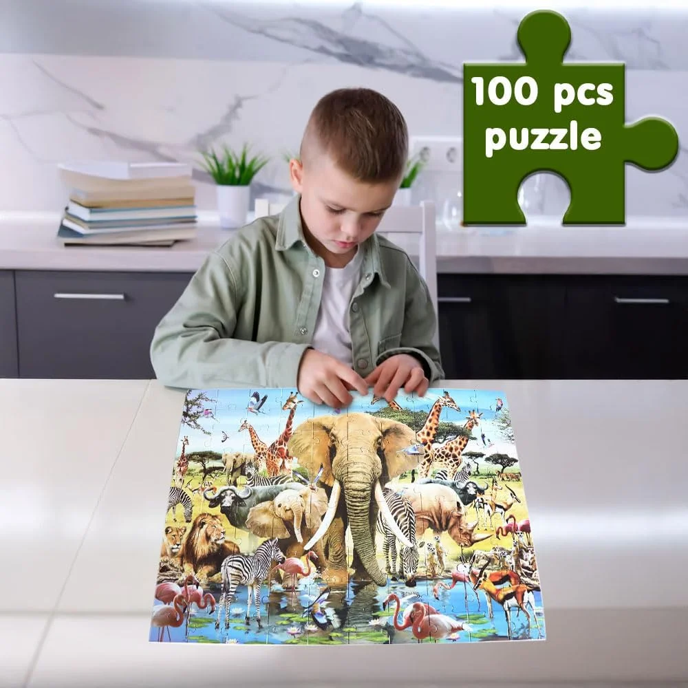 پازل حیوانات آفریقایی، پازل های سرگرم کننده و چالش برانگیز برای کودکان و بزرگسالان، پازل 100 تکه، تفکر منطقی برای کودکان، 7 سال به بالا