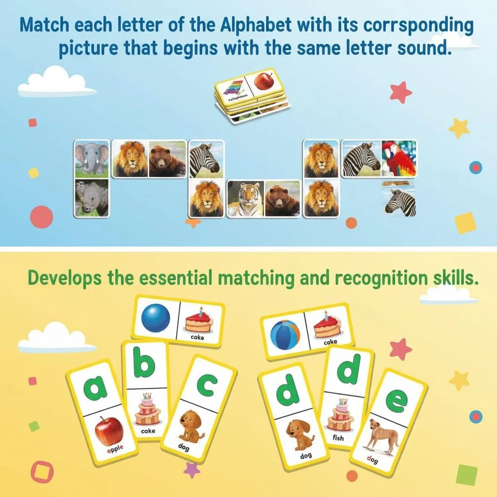 بازی آموزشی دومینو الفبا و باغ وحش برای کودکان بالای 3 سال | تقویت مهارت های تشخیص حروف الفبا، حیوانات، تطبیق و افزایش دایره لغات | شامل 58 کارت بادوام | اسباب بازی آموزشی سرگرم کننده به سبک مونته سوری