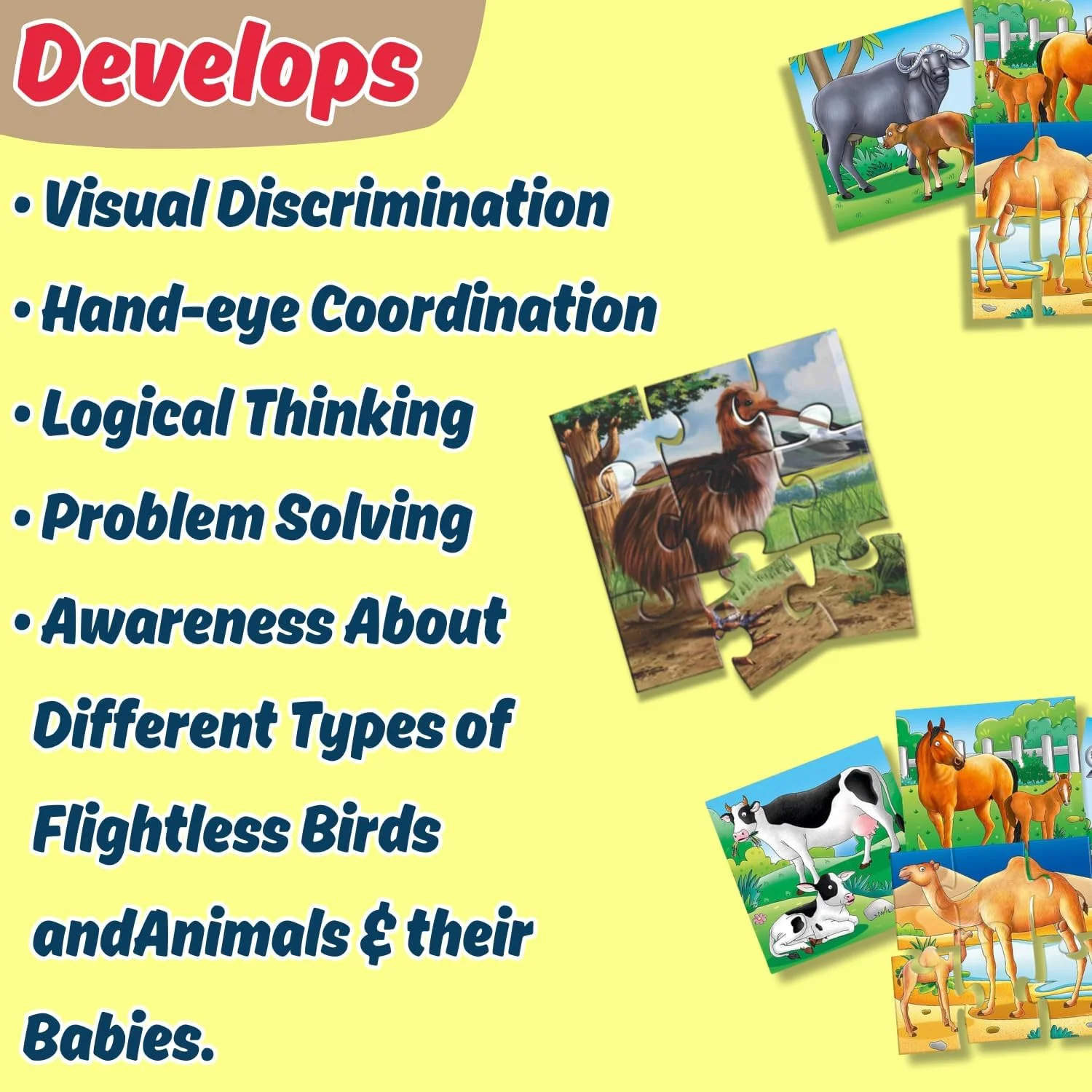 پازل های آموزشی حیوانات و بچه هایشان به همراه پرندگان بدون پرواز – پازل های اره ای برای کودکان - آموزش گاو، شتر، اسب، گاومیش و جوجه به همراه شترمرغ، کیوی و غیره - اسباب بازی های آموزشی برای سنین 3 سال به بالا