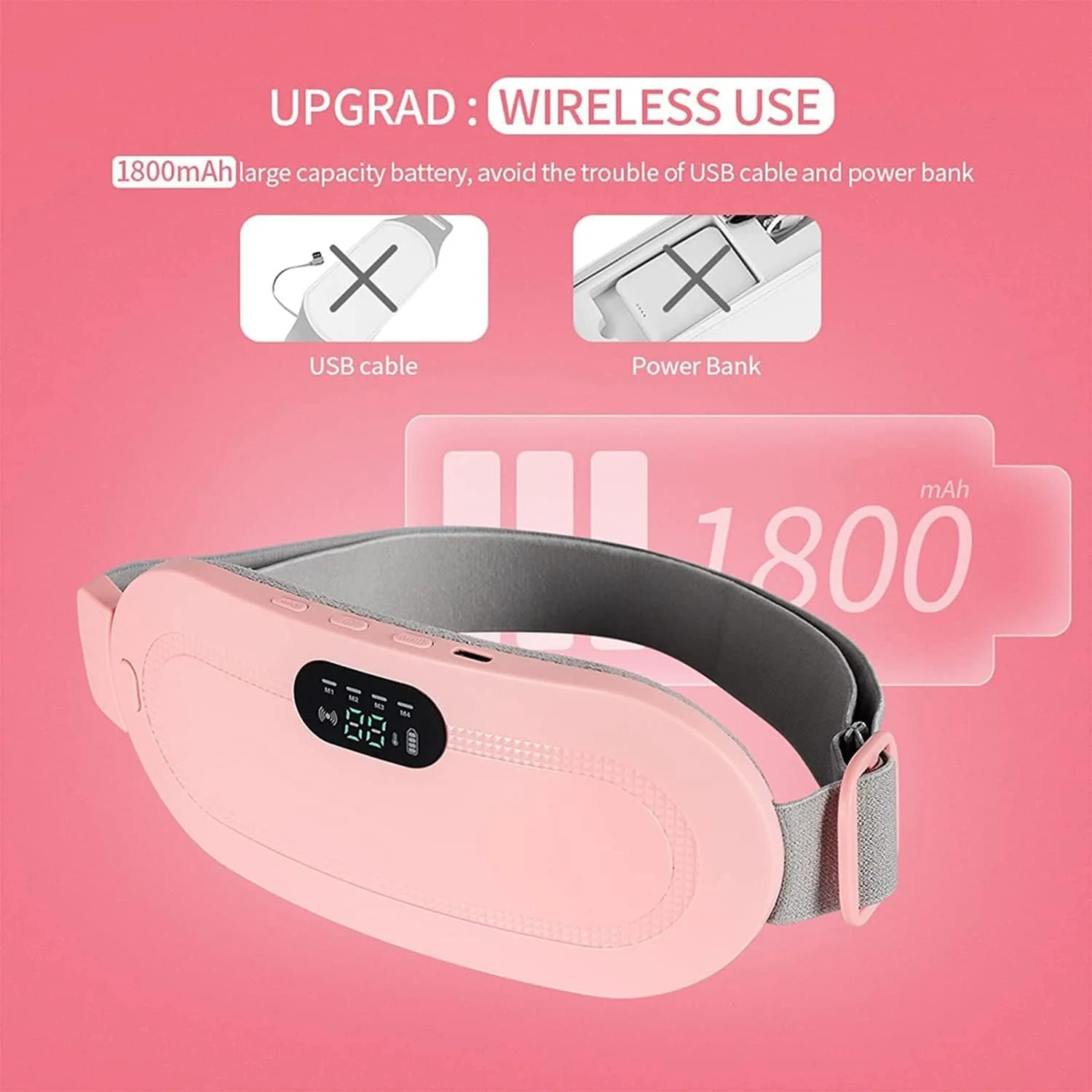 پد گرمایشی کمربند گرم کننده دوران قاعدگی ماساژ شکم برای تسکین درد، درد شکم در دوران قاعدگی، 3 سطح دما، 4 حالت ماساژ (صورتی)