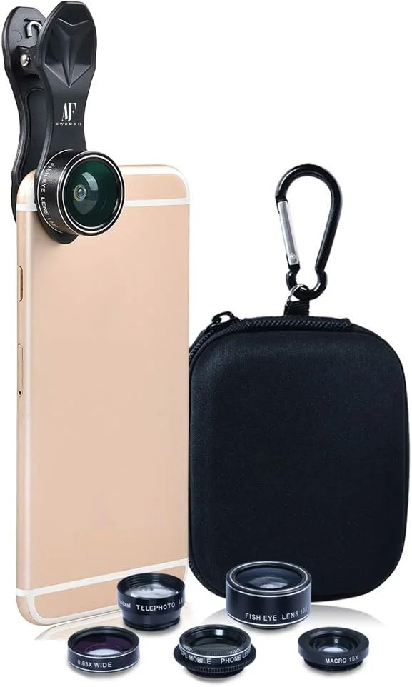 کیت لنز دوربین گوشی 5 در 1 مناسب برای آیفون Xs/R/X/8/7/6s، پیکسل، سامسونگ. لنز زوم تله 2 برابر + لنز فیش آی 198 درجه + لنز واید انگل 0.63X و لنز ماکرو 15X + CPL برای گوشی های هوشمند، اندروید، لنز آیفون