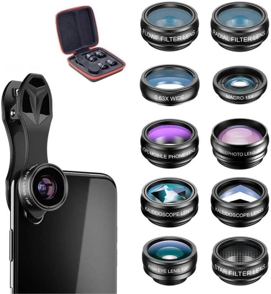 کیت لنز دوربین گوشی APL-DG10، 10 در 1، زاویه باز، ماکرو، تله فوتو، چشم ماهی، کالیدوسکوپ، فیلترها