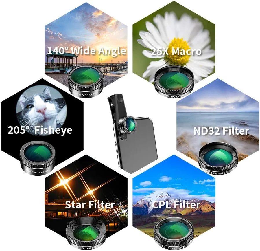 کیت لنز کلیپسی 6 در 1 Apexel برای موبایل، لنز فیش آی سوپر 205 درجه + لنز واید HD 140 درجه و لنز ماکرو 25x + فیلتر 6 ستاره + CPL + فیلتر ND 32 برای آیفون x 8 8plus سامسونگ S8 S8 plus S9 و اکثر گوشی های هوشمند