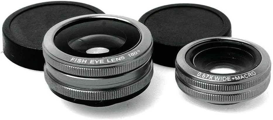 کیت لنز دوربین 3 عددی به همراه گیره، شامل لنز واید انگل، لنز فیش آی و لنز ماکرو، خاکستری، طراحی کاربردی