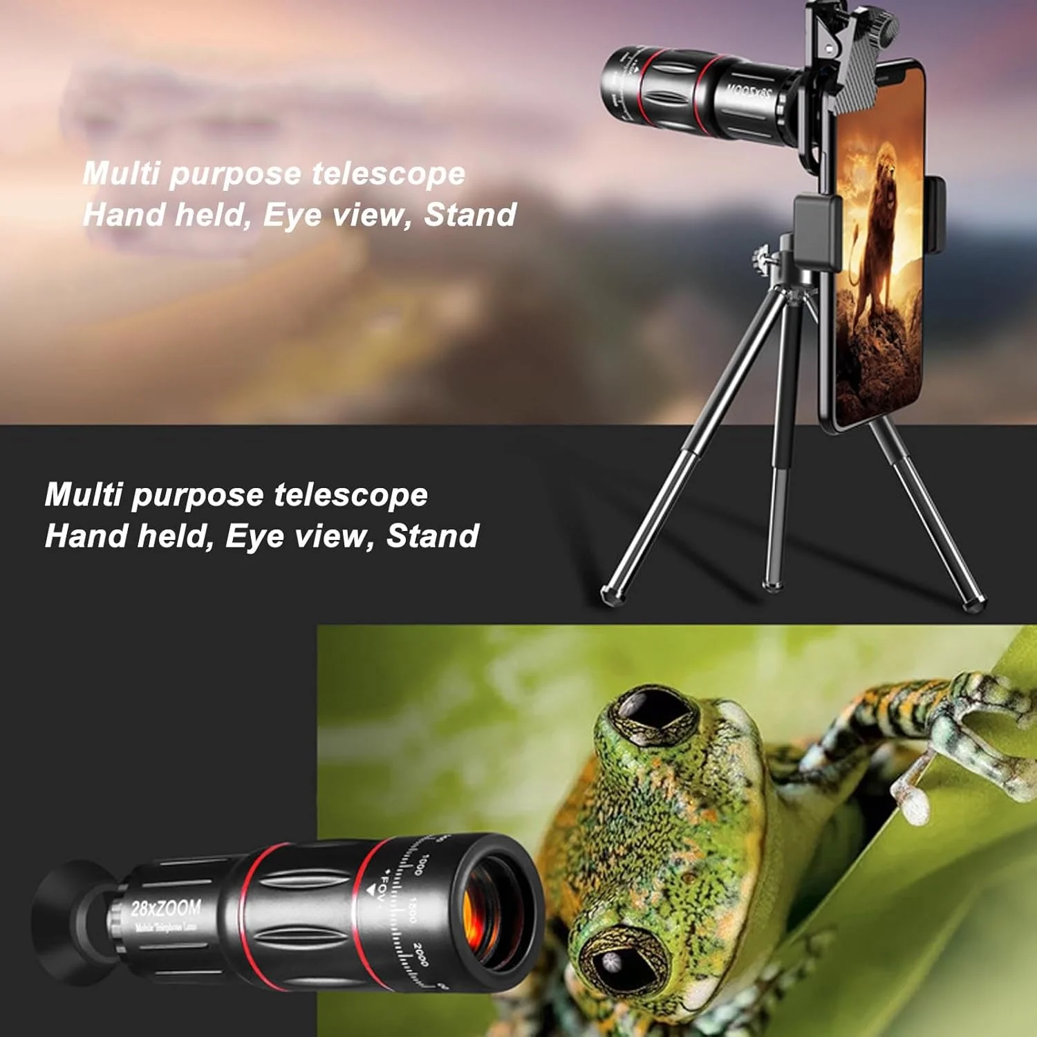 کیت لنز دوربین گوشی، لنزهای جانبی تلفن همراه با لنز تله فوتو 28X، لنز واید انگل 0.6X، لنز ماکرو 20X، لنز فیش آی 198 درجه، اتصال دوربین با سه پایه