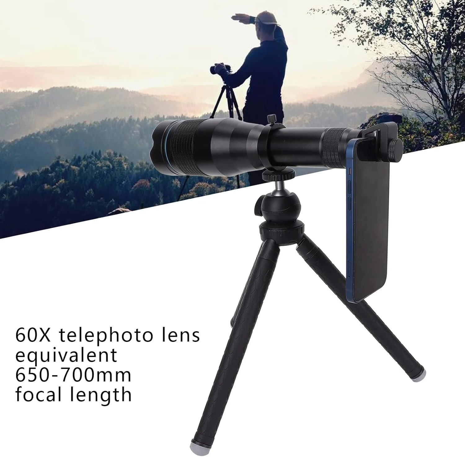 لنز تله فوتو دوربین تلفن همراه Bewinner مدل APL‑JS60XJJ09 با زوم خارجی 60 برابر، تمام فلزی به همراه سه پایه، مناسب برای اکثر تلفن های هوشمند