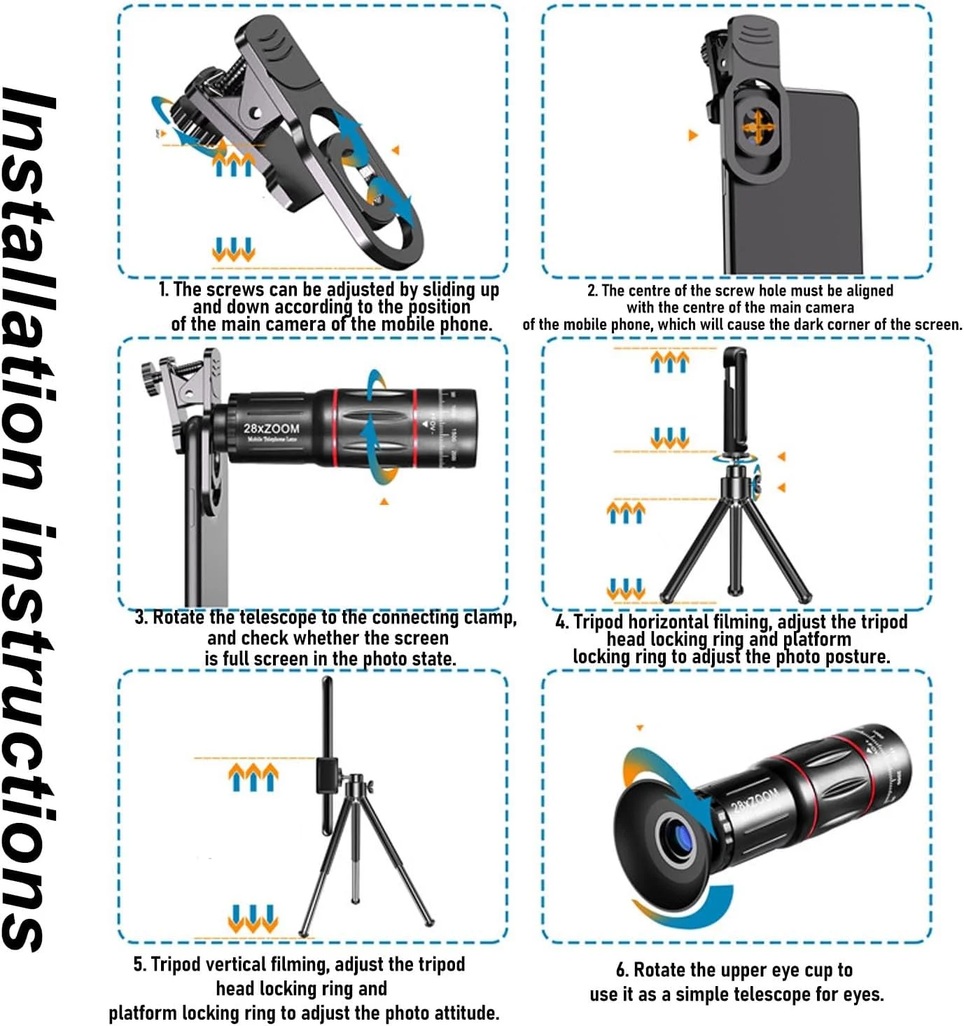 کیت لنز دوربین گوشی، لنزهای جانبی تلفن همراه با لنز تله فوتو 28X، لنز واید انگل 0.6X، لنز ماکرو 20X، لنز فیش آی 198 درجه، اتصال دوربین با سه پایه