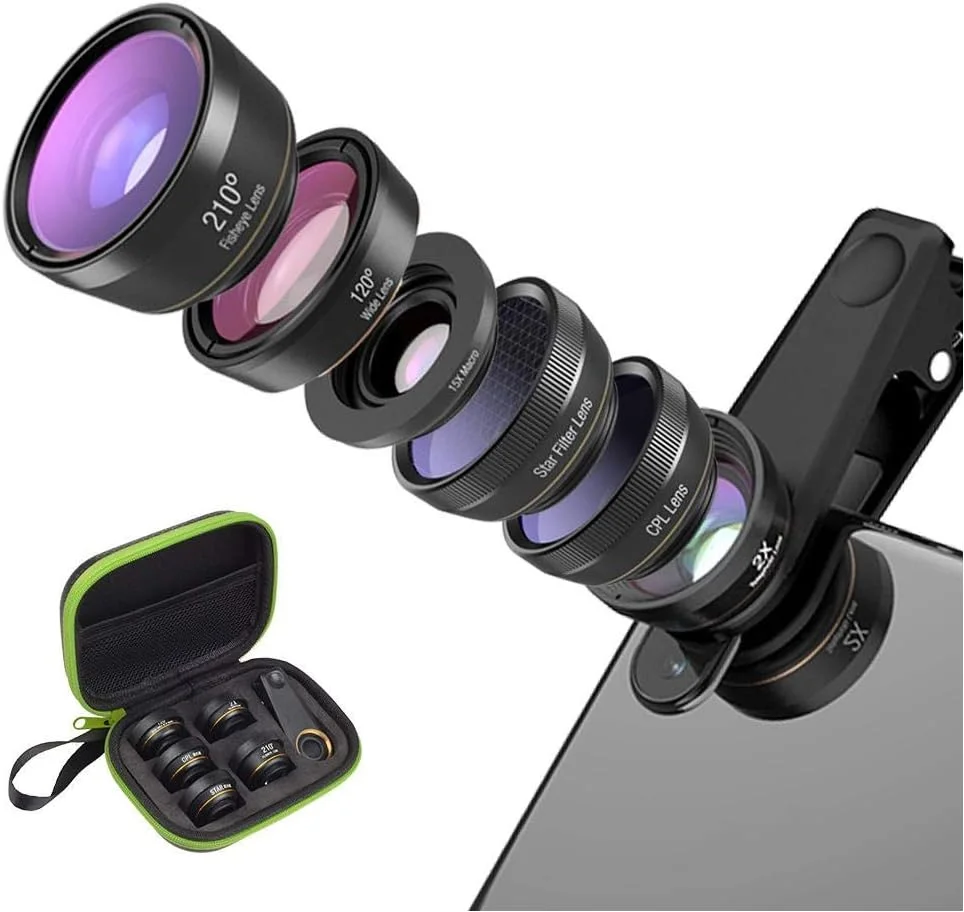 لنز دوربین گوشی، کیت لنز 6 در 1 قابل حمل شامل لنز چشم ماهی 210 درجه + لنز فیلتر ستاره + لنز زاویه باز 120 درجه + لنز تله فوتو زوم 2 برابر + لنز ماکرو 15 برابر + لنز CPL به همراه گیره برای تلفن همراه